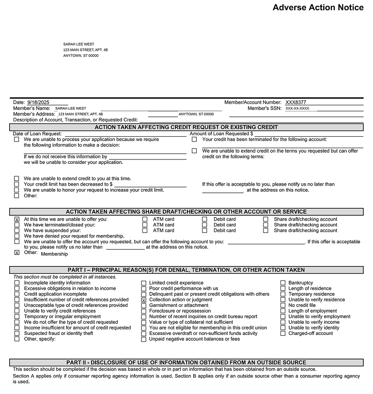 A standard adverse action notice